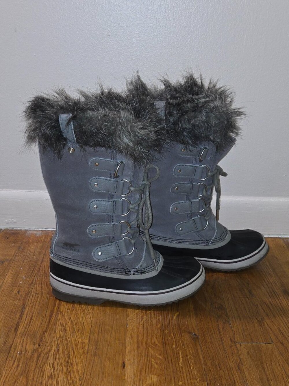 Sorel Joan of Arctic Winter Boots Gray w/ Faux Fur Size 8